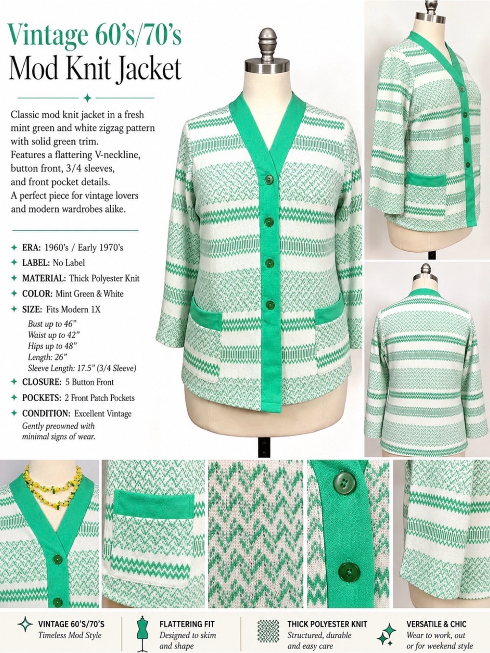 Vintage volup - 1960’s /70’s green pattern - polyester jacket - button front